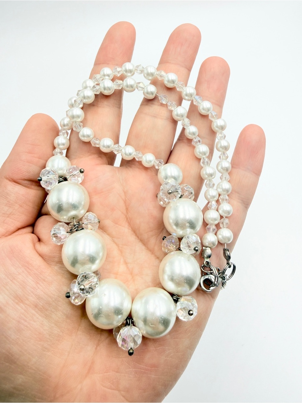 Vintage Faux Pearl & Crystal Statement Necklace Graduated Ivory Pearl Beads